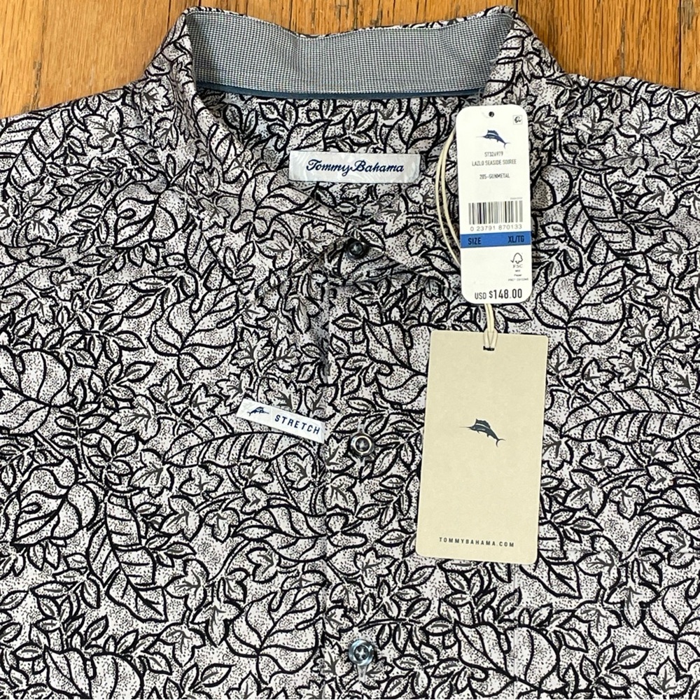 Tommy Bahama Stretch Shirt Men XL Lazio Seaside Soiree Gunmetal $148 NEW